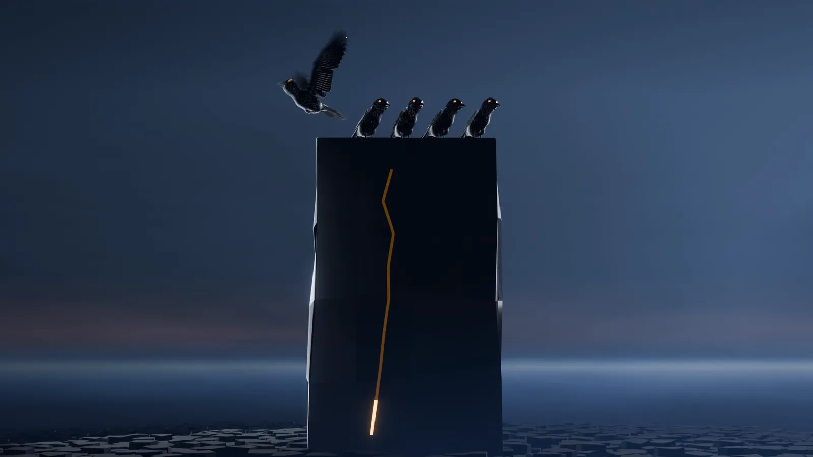 A dark server tower at dusk with four ravens perched on top and a fifth taking off